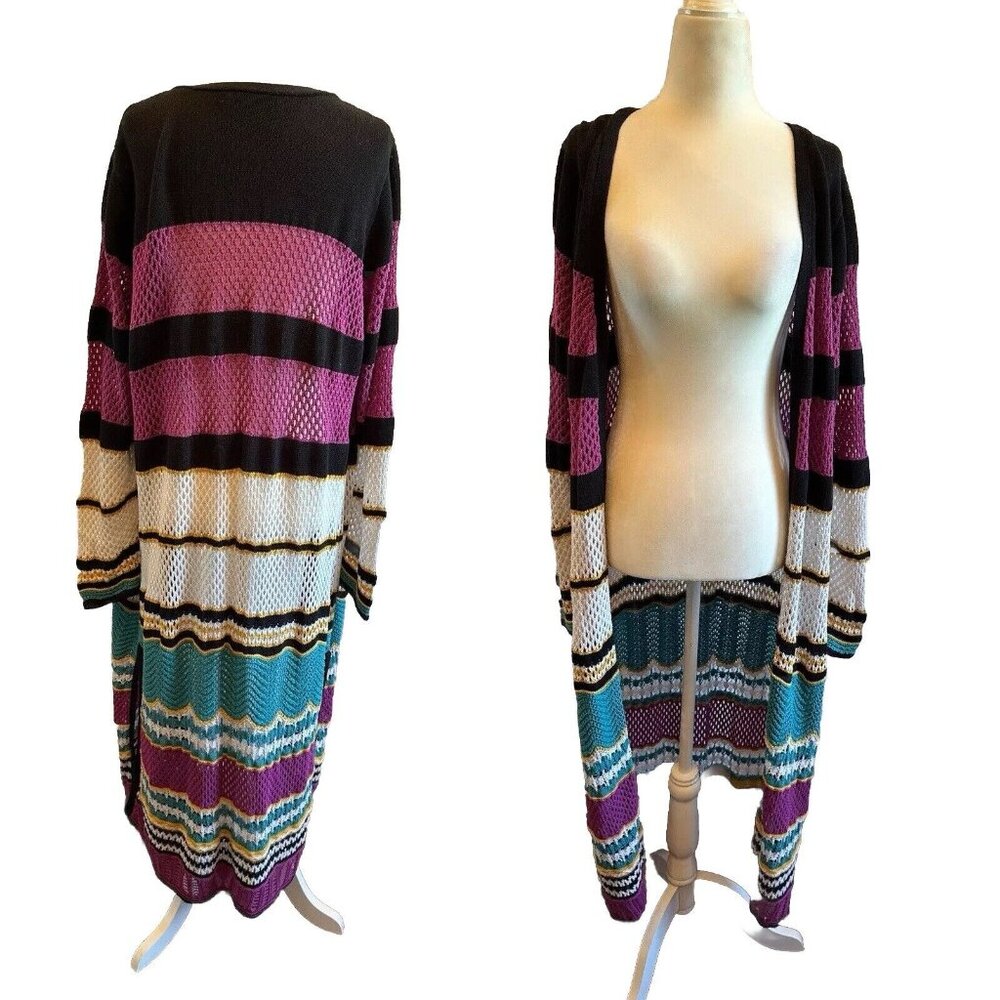 Boston Proper Pink Teal Black Stripe Crochet Duster Cardigan Sweater‎ Sz XL